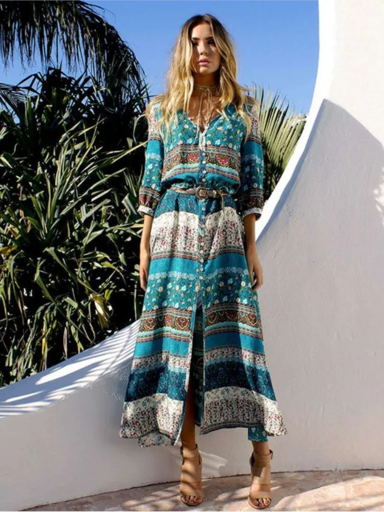 Vintage Boho Printed Long Dresses Women Summer Fashion New Casual Shirt Dress 3/4 Sleeve V- Neck Split Beach Holiday Maxi Dress