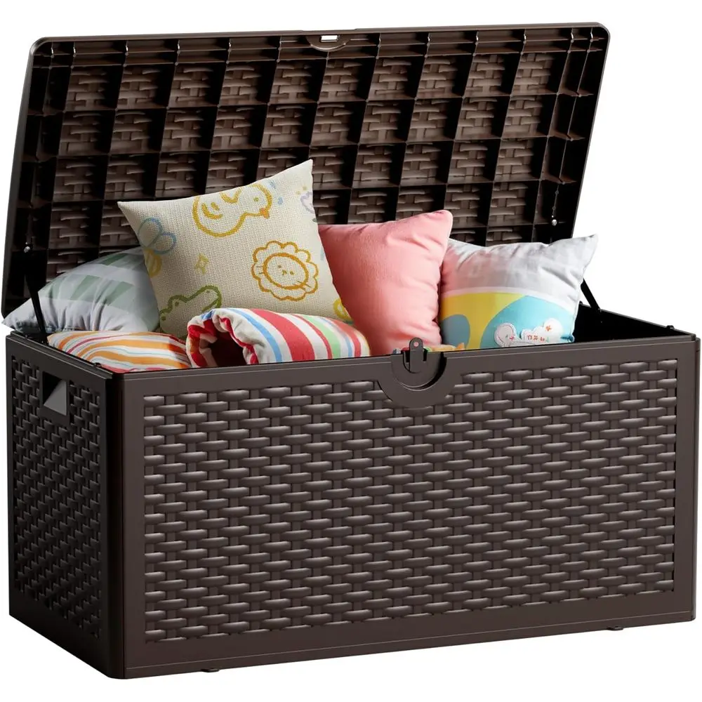 

All-Weather 80 Gallon Lockable Deck Box for Outdoor Cushions, Patio Items, and Garden Equipment in Brown