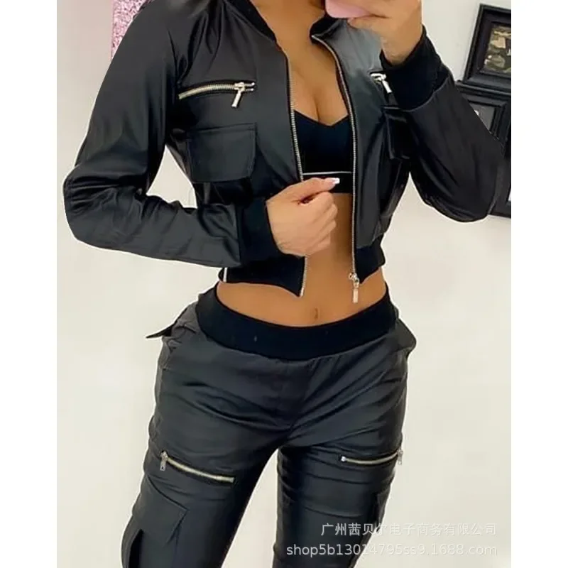 

Women PU Leather Coat Casual Fashion Long Sleeve Zipper Pocket Short Baseball Jacket Drawstring Corset Outwear Y2K Clothes