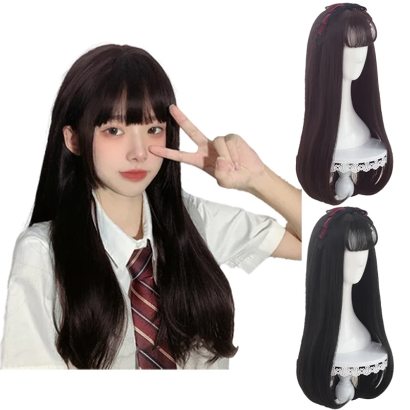 Long Straight Synthetic Wig Black Daily Use Wigs with Bangs for Women Heat Resistant Fibre Cosplay Lolita Party Natural Hair