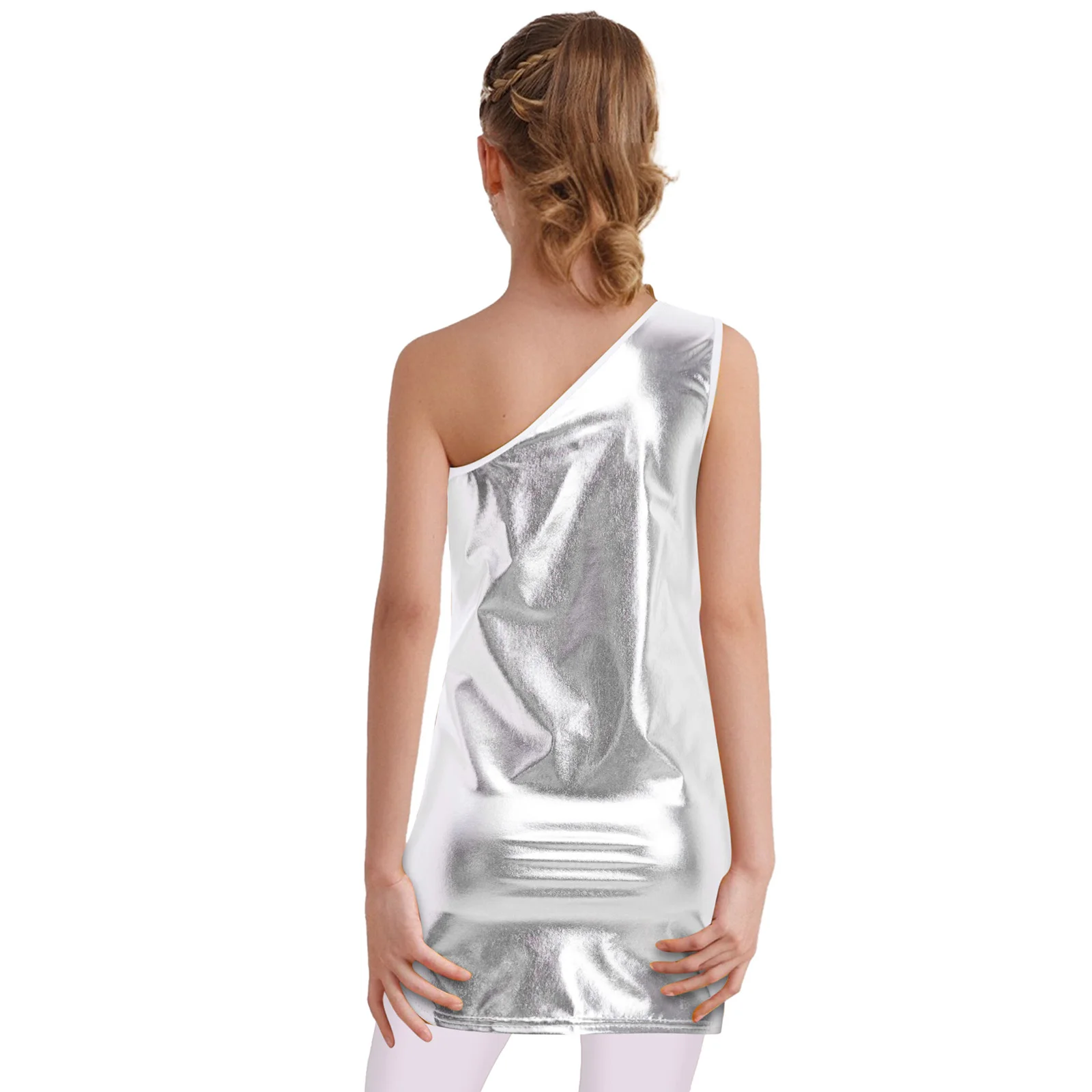 Kids Girls Metallic Shiny Jazz Dance Dress One Shoulder Sleeveless Mini Dress School Show Cheerleading Stage Performance Costume