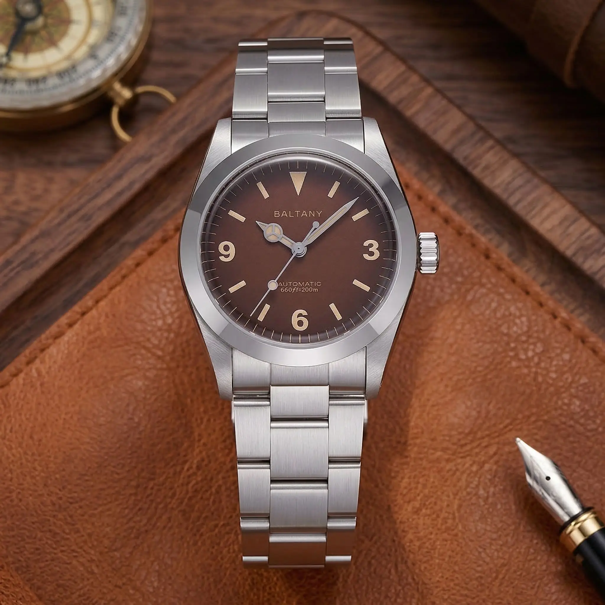 

Винтажные автоматические спортивные часы Baltany, 36 мм, Classic Explorer, с сапфировым стеклом, светящиеся, водонепроницаемые до 200 м, для вождения, активного отдыха и повседневной носки