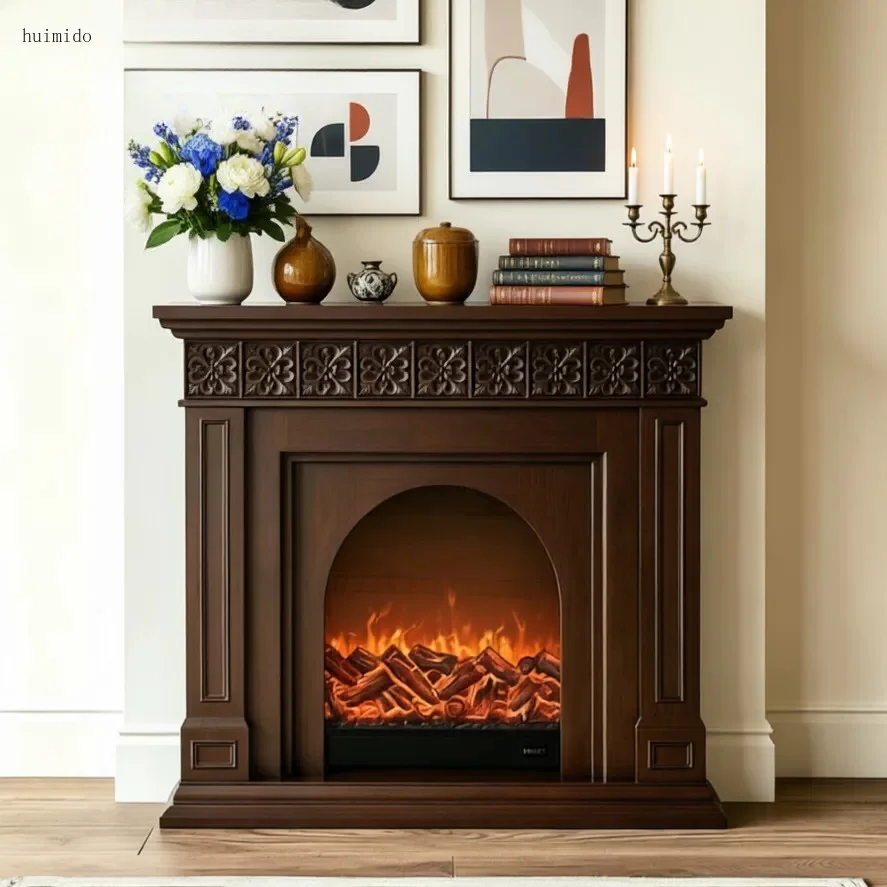 French Antique Retro Solid Wood Mantel Walnut Color Engraved Simulated Flame Fireplace Cabinet Living Room Entrance Cabinet