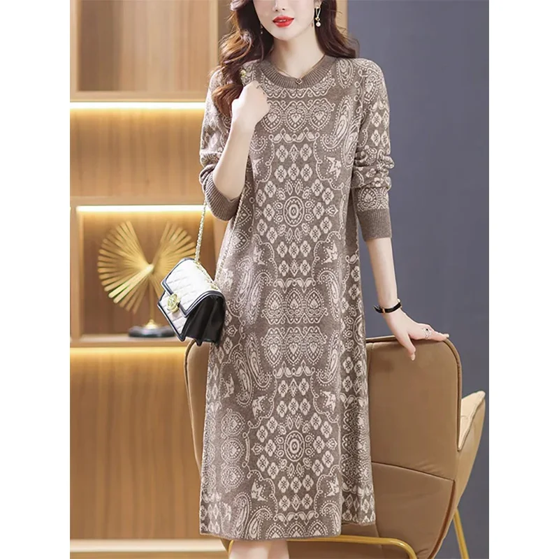 Women\'s Clothing O-neck Loose Casual Wool Long Dress Autumn Winter New Soft Elastic Printing Elegant Knitted Dress