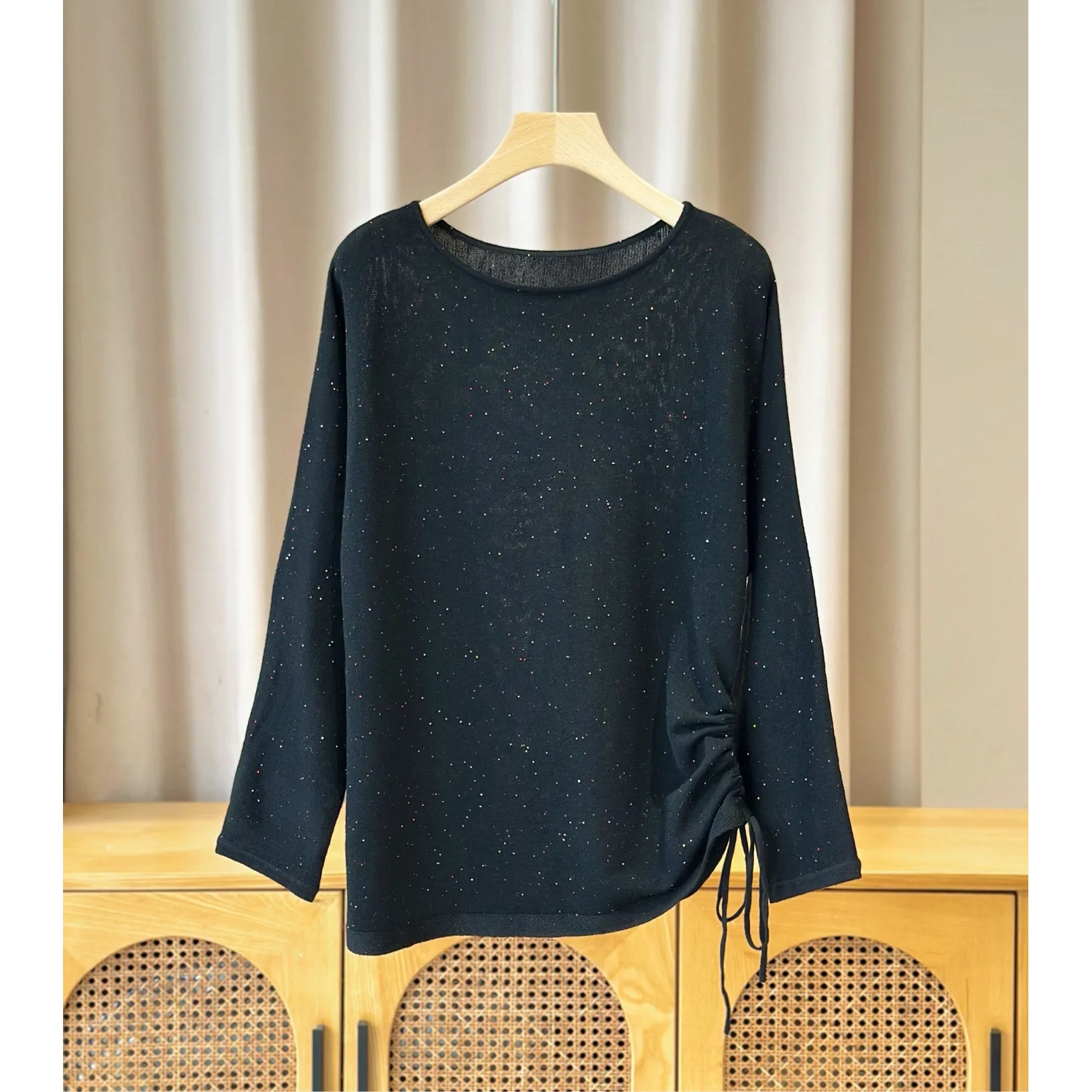 Women's 2026 Autumn Winter New Round Neck Sequin Drawstring Pleated Slim Long Sleeved Knitted Top