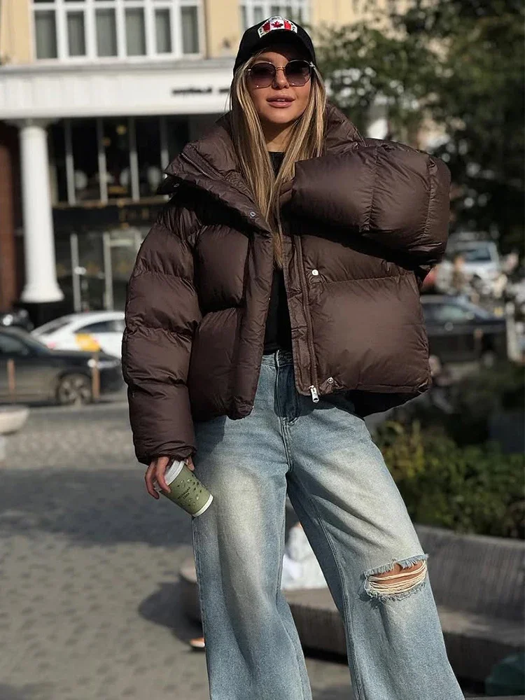 

Коричневое хлопковое пальто с капюшоном, модное женское пальто с лацканами и длинными рукавами на молнии, теплые свободные короткие пальто, женская зимняя повседневная уличная верхняя одежда