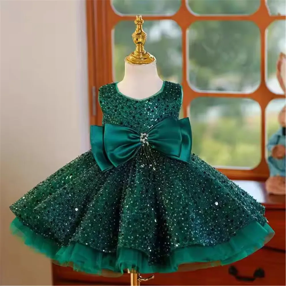 Sparkly lovertjes bloemenmeisje trouwjurk mouwloos met strik prinses verjaardagsfeestje jurk kinderen heilige communie jurk aangepast