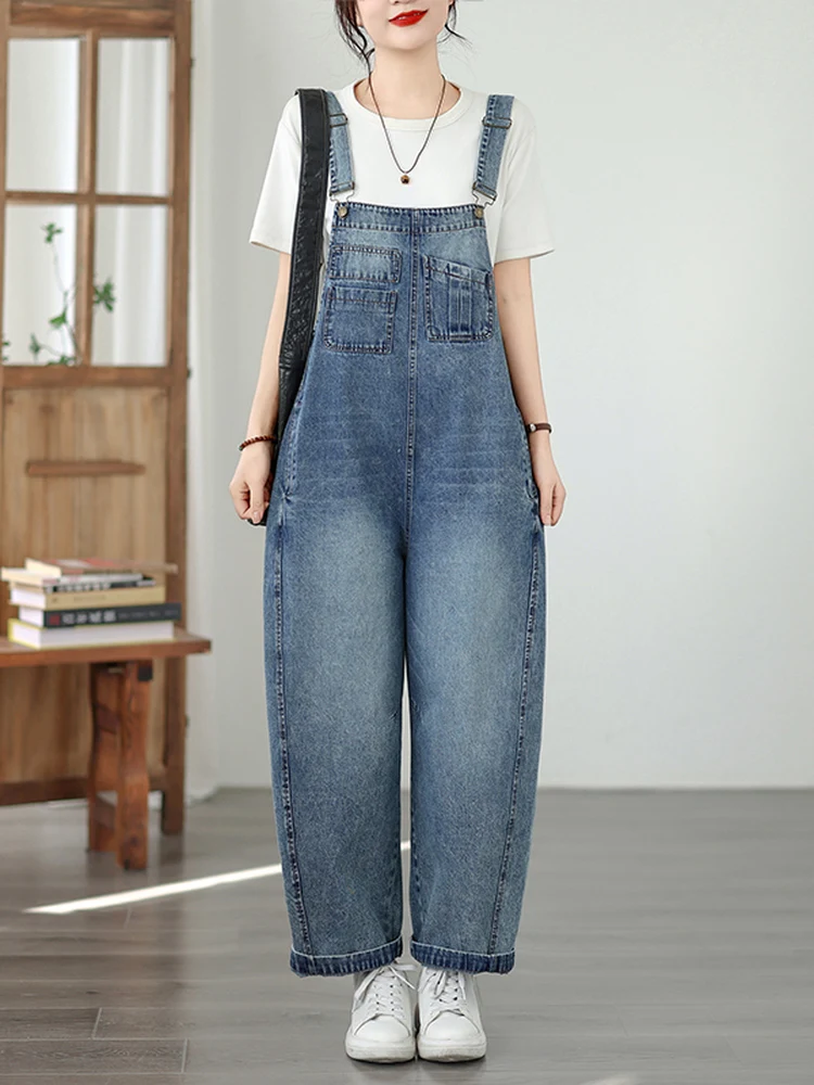 Washed Denim Overalls Women's Casual Loose Fit Spring Autumn Sweet And Salty Girl Style Jeans Pants Korean Style Straight Leg