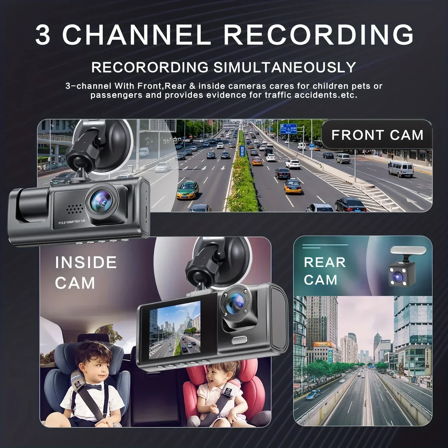 1080P HD 3 Channel Dash Cam Car 3 Camera DVR 2inch IPS Screen Loop Recording Rear View Camera with Night Vision  car Accessories