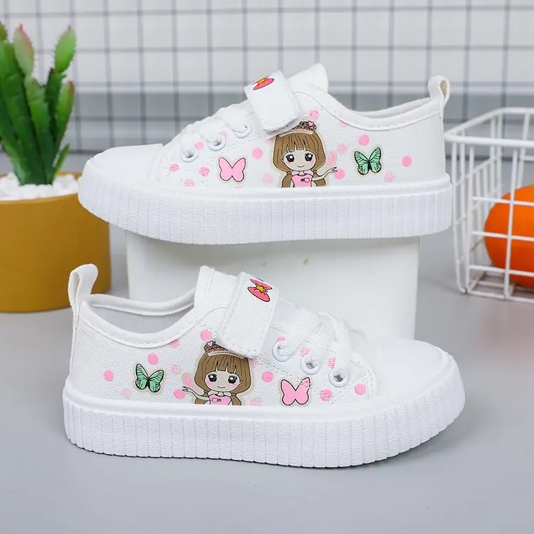 Children's cartoon canvas shoes Girls flat casual sports shoes students flat light running shoes anti-skidding and fashionable