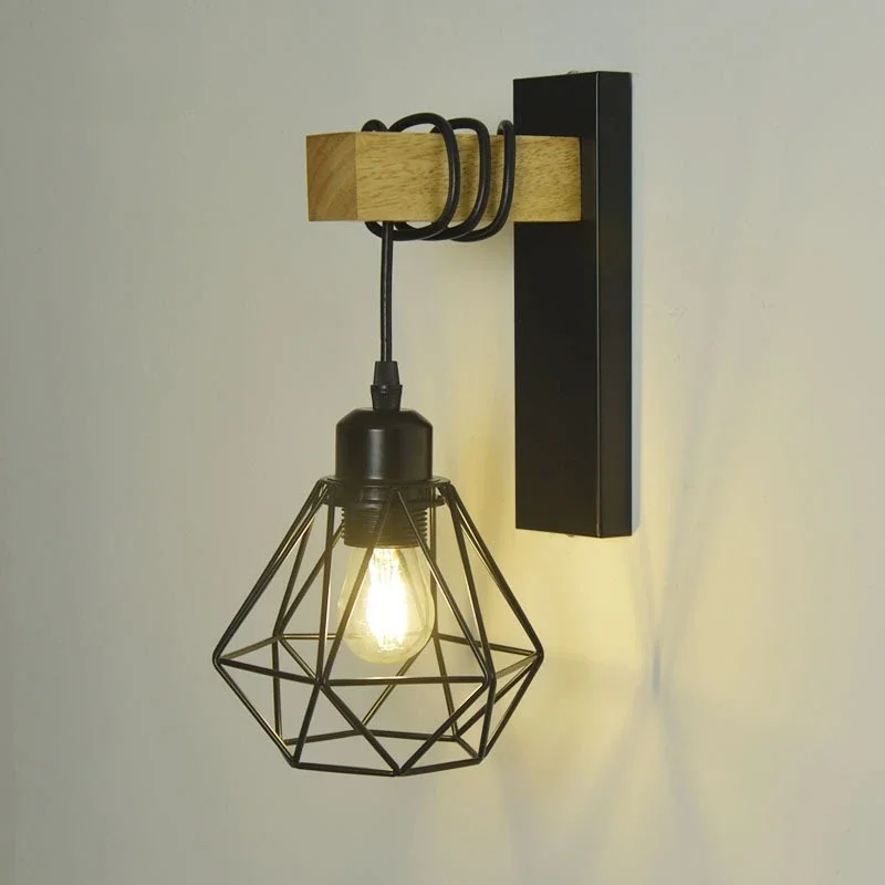 

Industrial Retro Style Wrought Iron Wall Lights Single Head Corridor Aisle Lighting Bedside Lamp Simple Wood Lamps