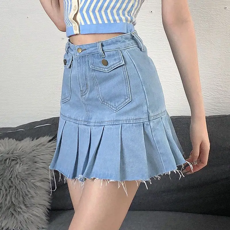 Denim Short Skirt Ruffles Rough Edge High Waist Preppy Style Casual Zipper Fly Safety Summer Streetwear Mini Jeans Skirt Women