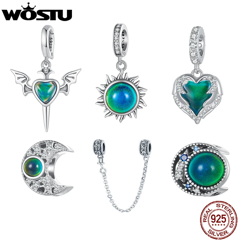 WOSTU 925 Sterling Silver Temperature Change Color Mood Charm Pendants Emotion Stone Moon Heart Bead for DIY Bracelet Necklace