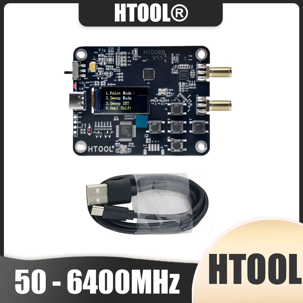 เครื่องกำเนิดสัญญาณ HTOOL MAX2871 50-6400MHz รุ่น HT008B แบบสองช่องสัญญาณ ความละเอียด 1KHz ลดสัญญาณรบกวนเฟสต่ำ ควบคุมผ่าน USB UART พร้อมฟังก์ชัน Sweep Point