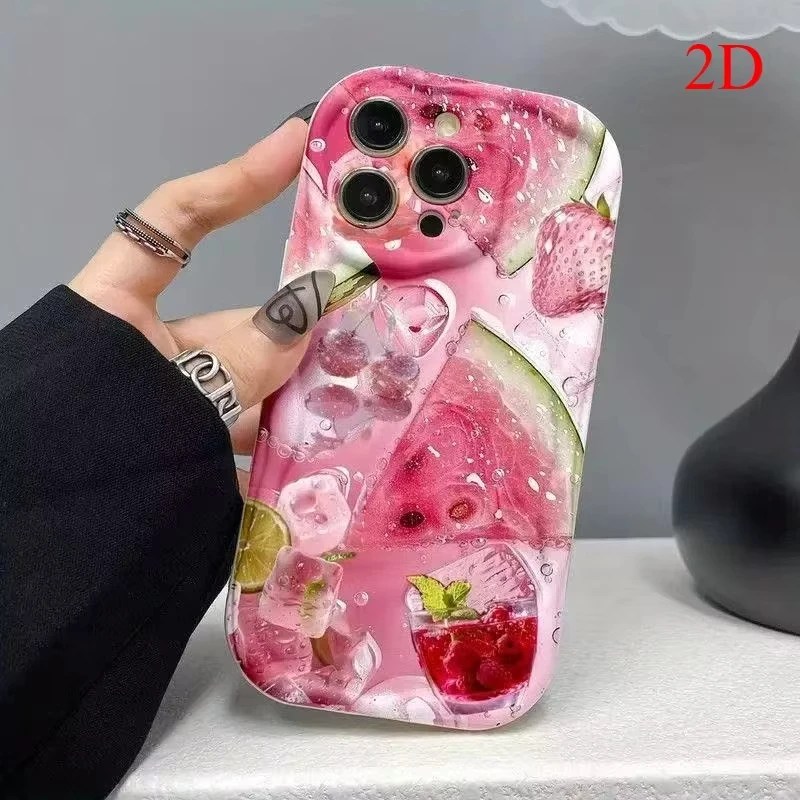 Chilled Watermelon 2D Pattern Phone Case For Samsung Galaxy S26 S25 S24 S23 S21 FE Plus Ultra F06 5G 3D Wave Soft TPU Back Cover