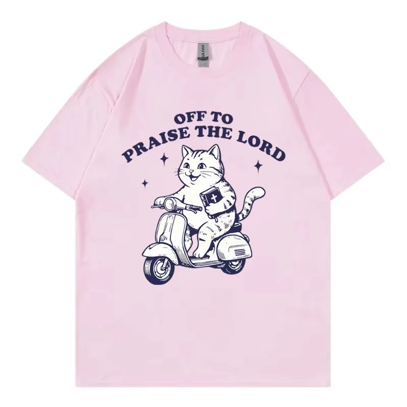 Off To Praise The Lord Christian T Shirt Funny Cat on Scooter with Bible Meme T-shirts Men Women Casual Fashion Loose T-shirt