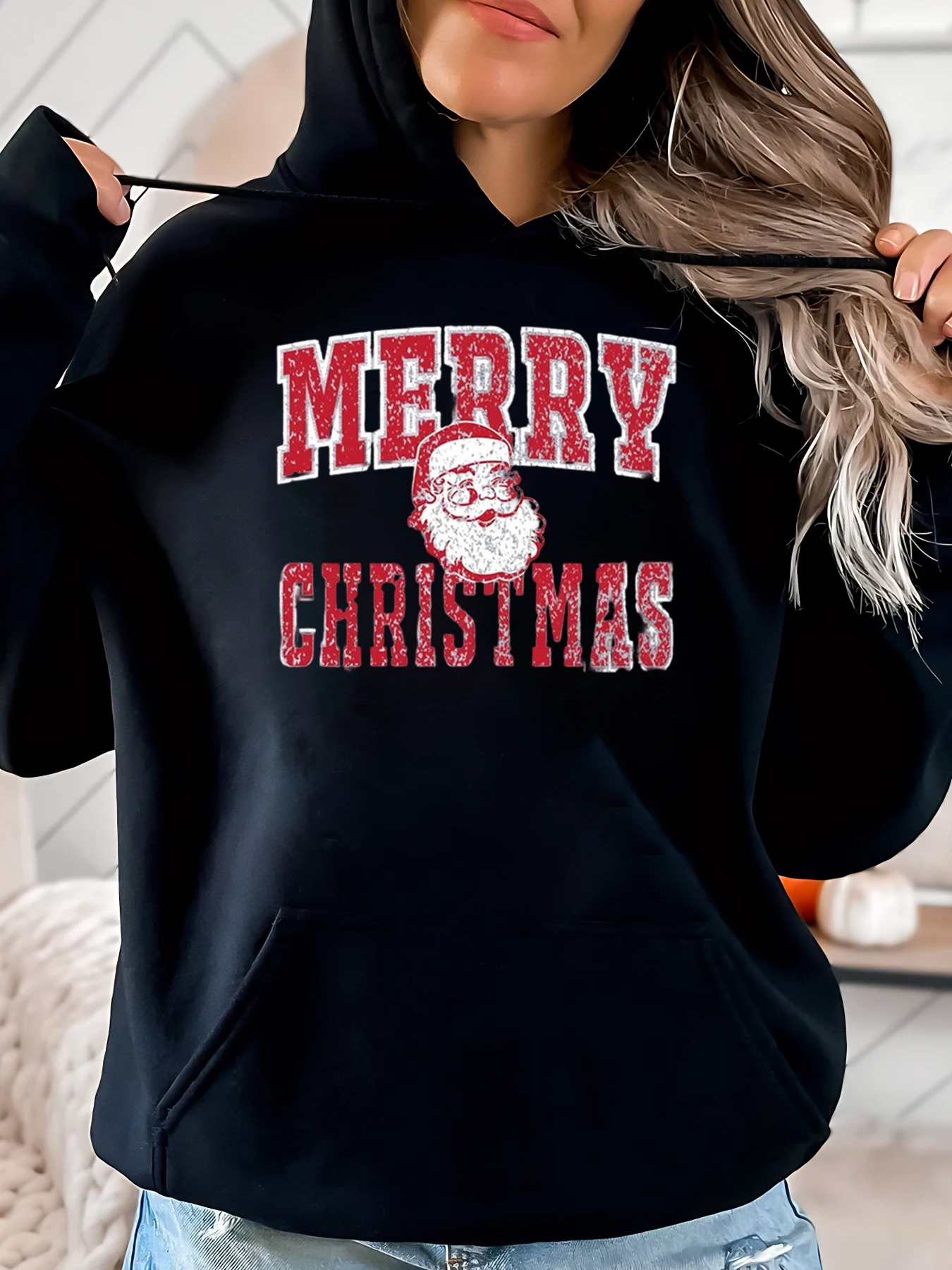 

Толстовка с капюшоном с принтом Санта-Клауса, праздничная толстовка, женская повседневная зимняя одежда, черный, больших размеров