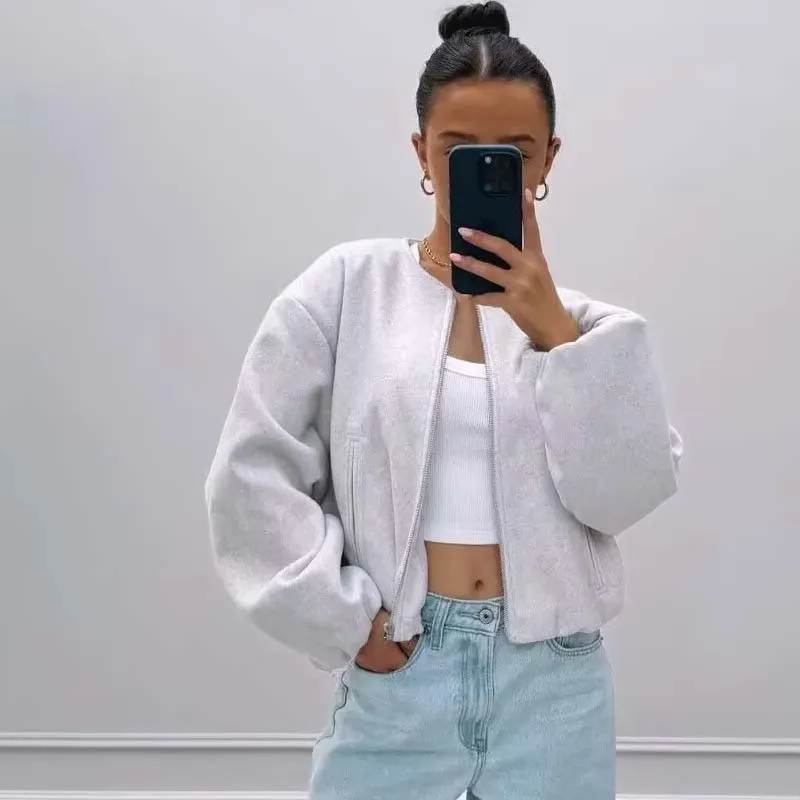 

YENKYE 2025 Women Long Sleeve O Neck Front Zipper Soft Bomber Jacket Casual Loose Autumn Short Coat