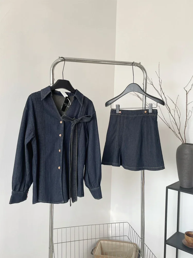 Women's Two Piece Set Suit Denim A-Line Mini Skirt Long Sleeve Shirt Y2k Harajuku Vintage 90s Aesthetic Skirt Sets 2000s Clothes