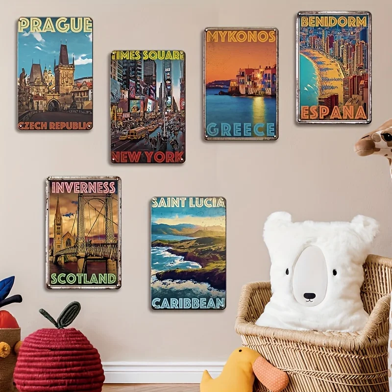 2D Flat, [JIT]Decorative Sign& Plaque 2D Flat, 6pcs Vintage Travel Poster Metal Signs, Scotland& Greece City Metal Wall Art, 12.