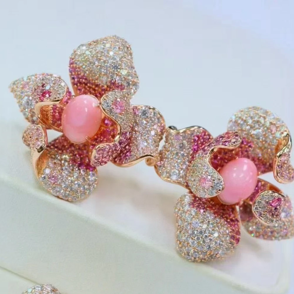 KQDANCE Luxury Large Solid 925 Silver Natural Gemstone Pink Conch Pearls Gold Plated Women's Flower Earrings Jewelry Gifts