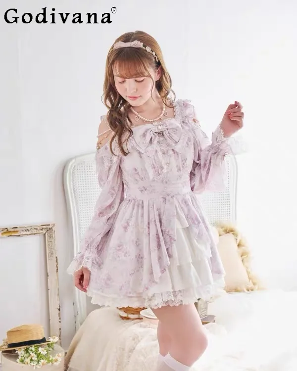 

Комплект платья Liz, весна-лето, новинка 2025 года, милый японский комплект с бантом и жемчугом, топы с открытыми плечами и длинными рукавами, юбки, комплект из 2 предметов