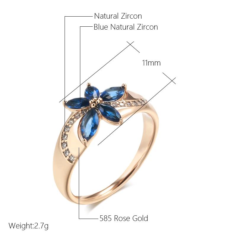 Kinel New Blue Natural Zircon Ring for Women 585 Rose Gold Flower Rings Vintage Ethnic Bride Wedding Jewelry Party Accessories