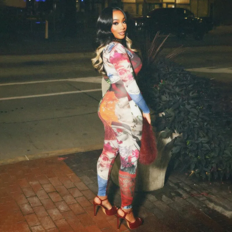 أزياء المرأة ثلاثية الأبعاد طباعة كتلة اللون نحيل بذلة الخريف س الرقبة طويلة الأكمام الخوخ الوركين ضئيلة ملابس الشارع الشهير وزرة السروال القصير #2