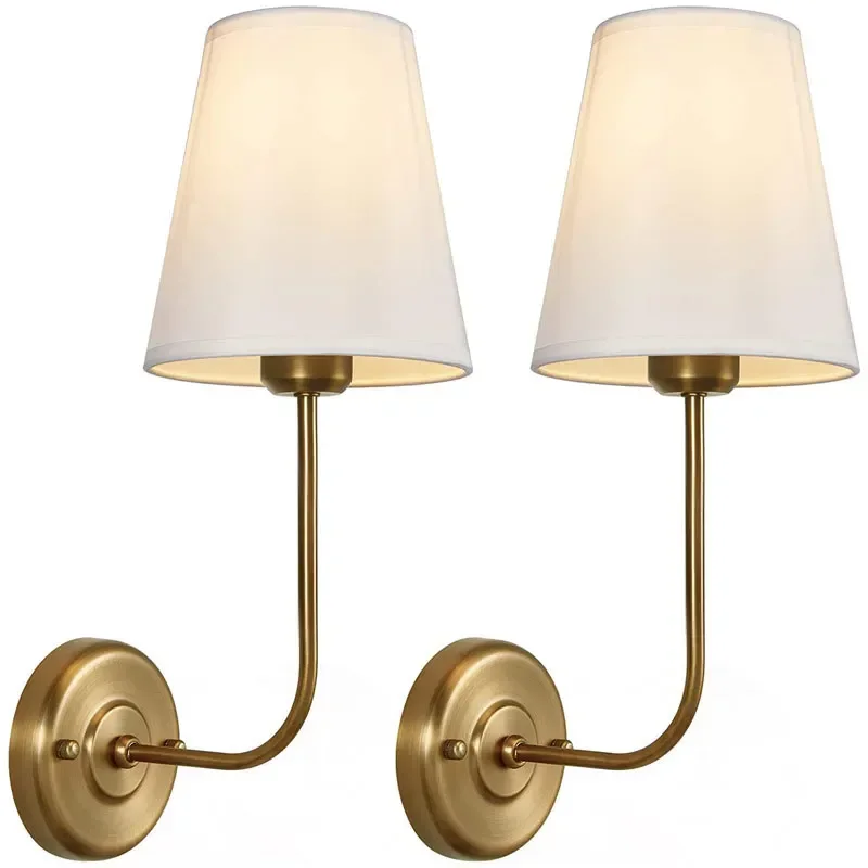

Permo Set of 2 Classic Country Industrial Wall Lamp with Flared Funnel Linen Fabric Shade Bedroom Bedside Reading Light