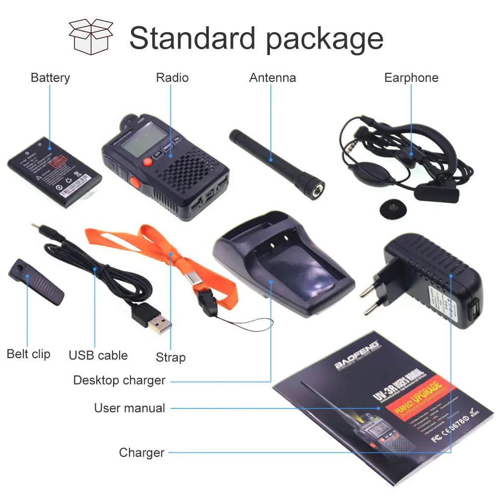 Baofeng-Mini walkie-talkie UV-3R, Radio FM portátil de dos vías, VOX, doble banda, pantalla Dual, manos libres, 99 canales