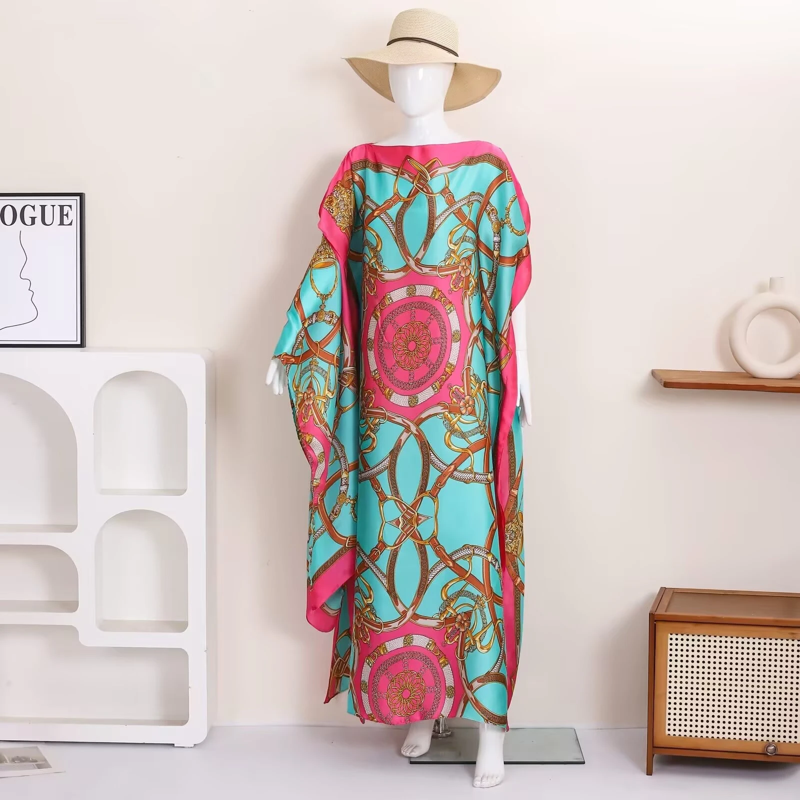 1J piece retro chain print satin robe women's loose bat sleeve holiday beach blouse long casual dress view 2