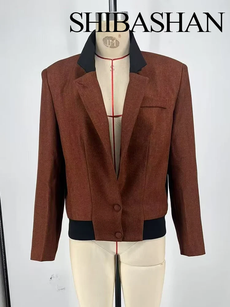 

SHIBASHAN Women's Autumn Fashion Elegant Shoulder Pad Spliced ​​Short Jacket Female Simple Stand Collar Long Sleeve Retro Jacket