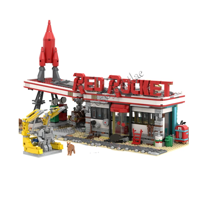 1996 PCS 창의적인 도시 거리 풍경 레드 로켓 모듈식 주유소 (폴아웃 MOC 빌딩 블록 모델 장난감) 어린이 크리스마스 선물