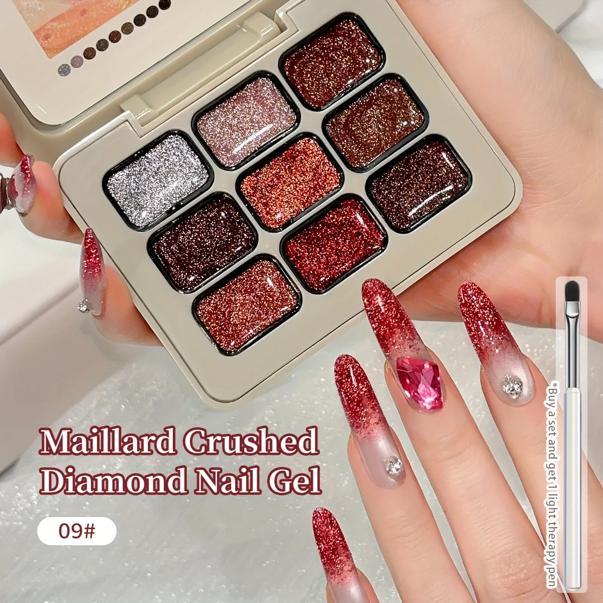 Gel per unghie con diamante schiacciato Maillard da 9 pezzi - Smalto gel glitterato da nudo a rosso scintillante per nail art, Soak Off UV LED Nail Gel Salon