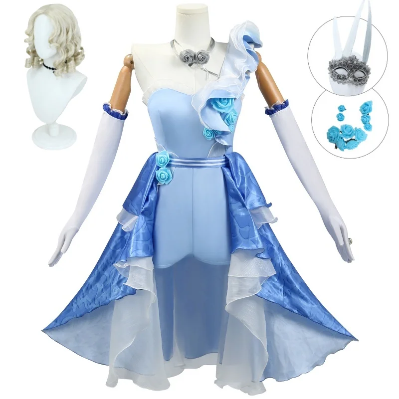 Identity V Demi Bourbon Cosplay Anime juego disfraz Barmaid vestido azul máscara accesorio peluca conjunto fiesta carnaval traje para mujer