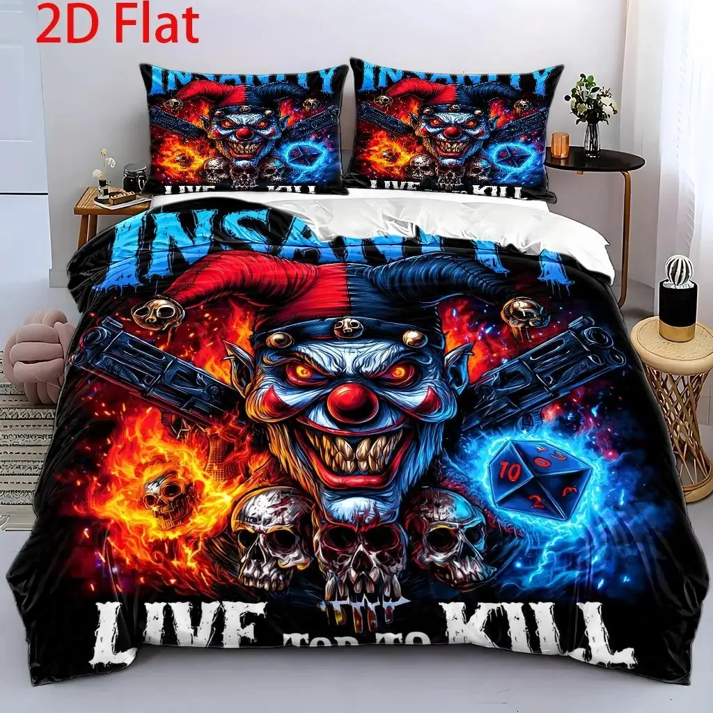 3Pcs Duvet Cover Set, 1 Duvet Cover + 2 Pillowcases, No Filler, 2D Flat Printing, Clown Flame Themed Pattern, Dark Gothic Style