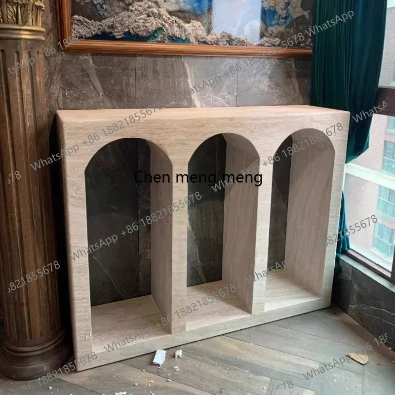 Italian minimalist travertine, entrance cabinet, living room, marble, decorative table, imported stone countertop