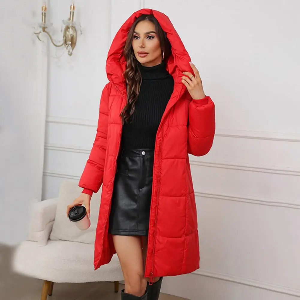 Women Winter Jacket With Hood Thickened Padded Down Coat Slim Waist Zipper Closure Mid Length Windproof Cold Weather Cotton Coat