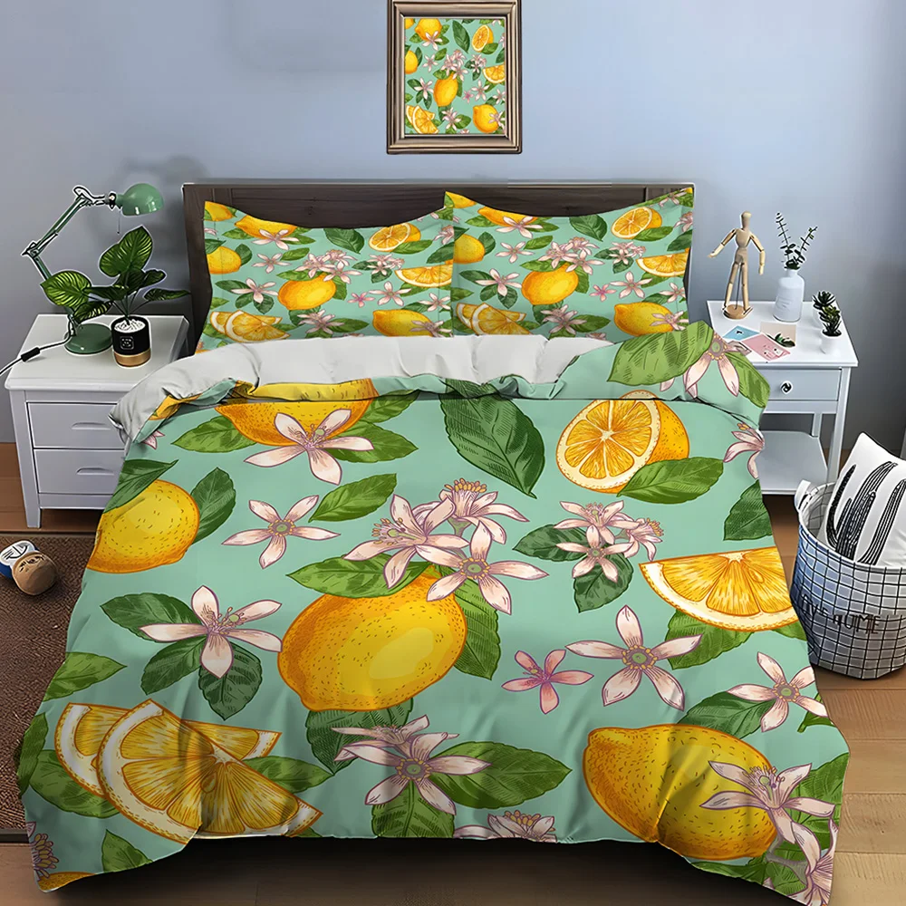 Fresh lemons with flowers Bedding Set for Kids Luxury Gift 3pcs Digital Print Comforter Set Soft Comfortable Breathable
