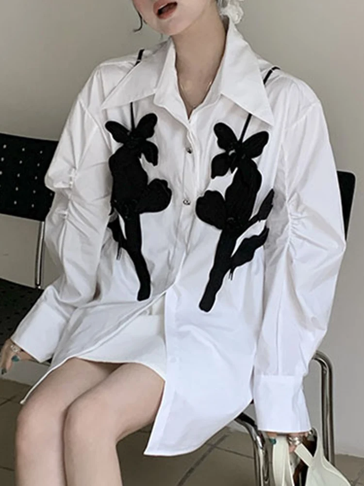 YERMORA white spliced flower casual blouse for women lapel long sleeve loose fit new shirt fashion tide spring autumn 2025