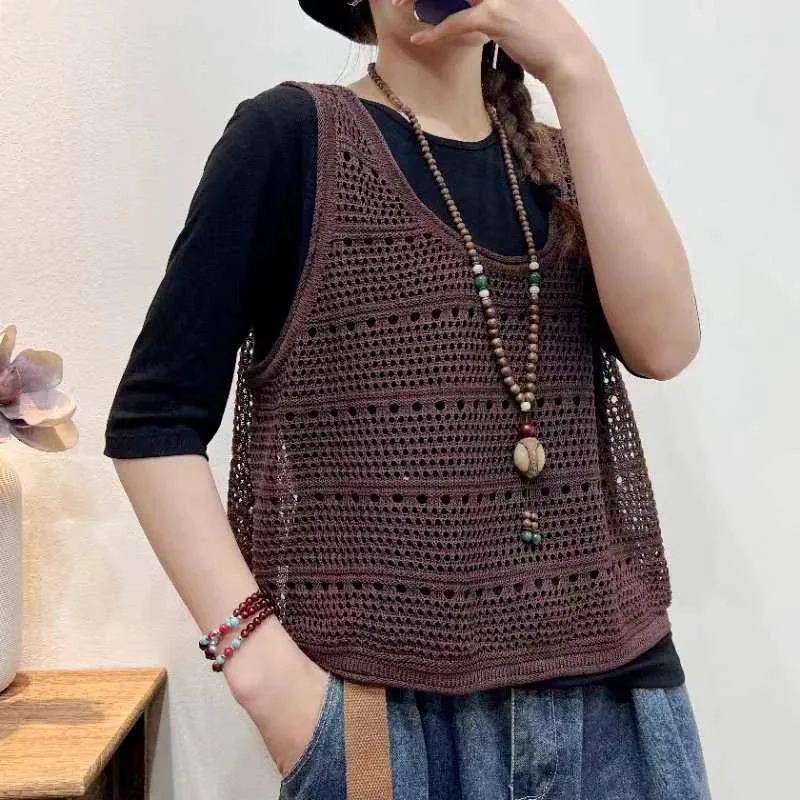Women Vintage Hollow Out Knit Vest Sleeveless Loose Casual Outerwear Tops For Spring Autumn