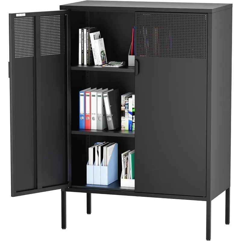 

Black Metal Storage Cabinet, Metal Locker Storage Cabinet with Doors and Shelves, 3 Tier Steel Office Storage Cabinet, Metal Sid
