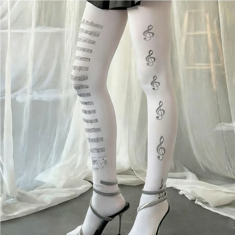 Women's Elegant Opaque Piano Pantyhose Stockings Musical Note Pattern Asymmetrical White Tights Leggings Streetwear