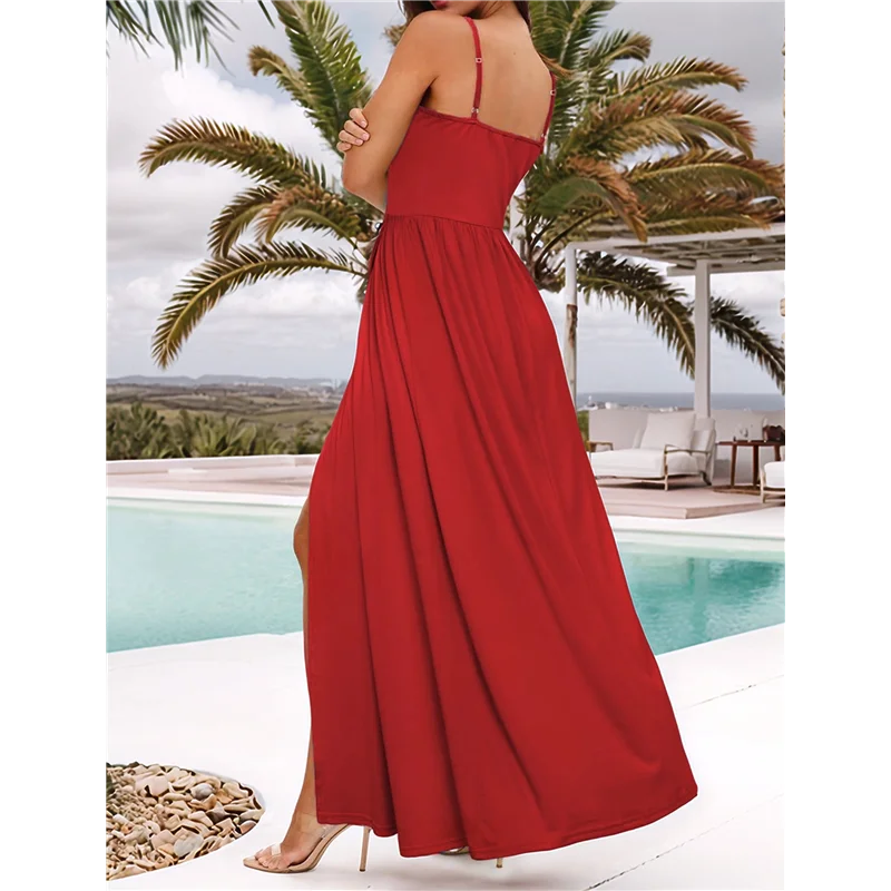ABRT-Vestito lungo estivo da donna per le vacanze con cinturino per spaghetti floreale Primavera Casual Boho Split Beach Vestito estivo lungo e fluido