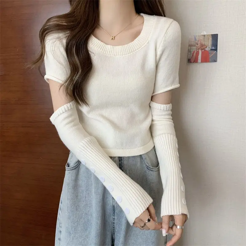 O-neck Knitting Pullovers Autumn Winter Thin Casual Long Sleeve Tops Interior Lapping Sweet Sweaters Women\'s Clothing 2023 New