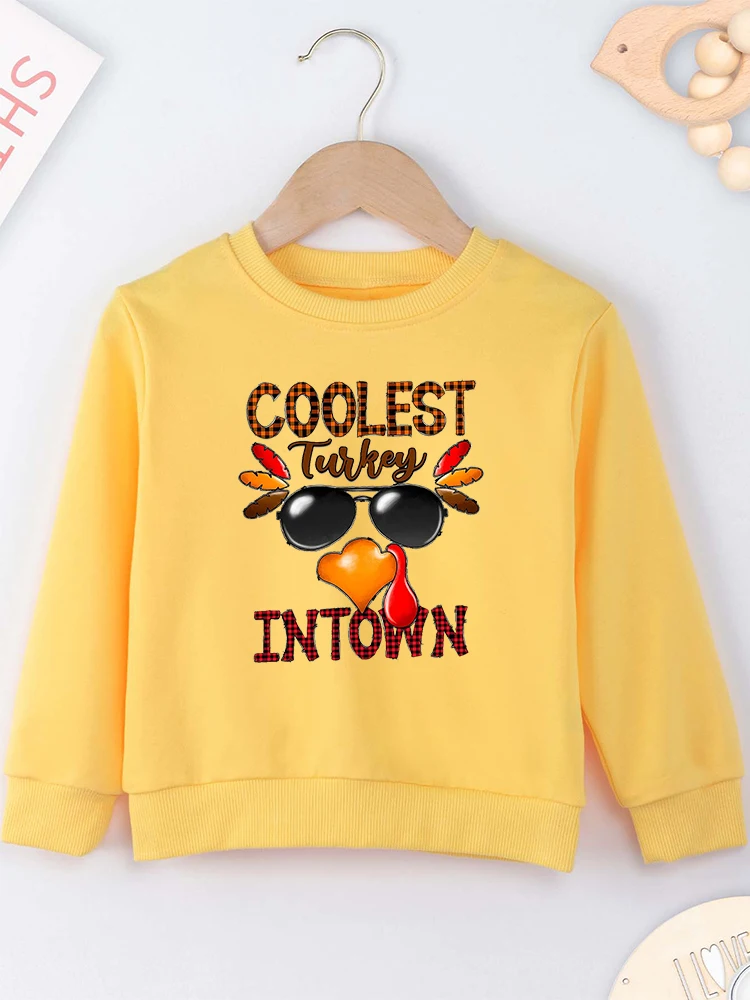 Coolest Turkey in Town Funny Kids Hoodies Yellow Hipster Trend Boys Girls Clothes High Quality Comfy Spring Autumn Sweatshirt