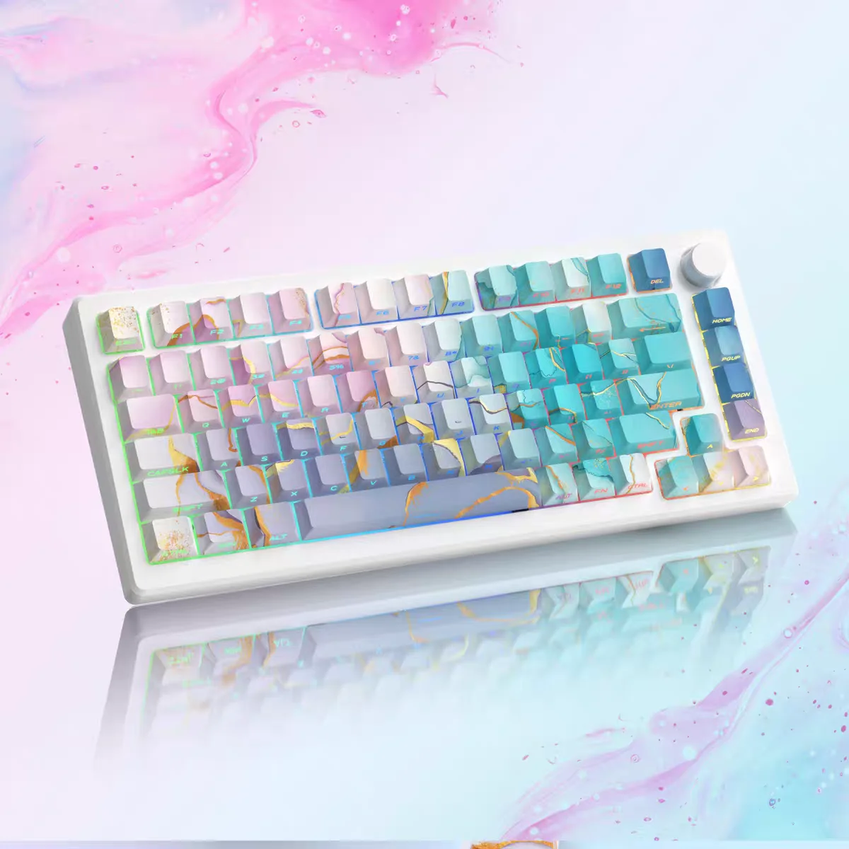 

Gold-Stamped Watercolor Keycaps Cherry Side-Engraved Translucent Pbt For Aula F75/F99 130Keys Iso Layout Keycaps