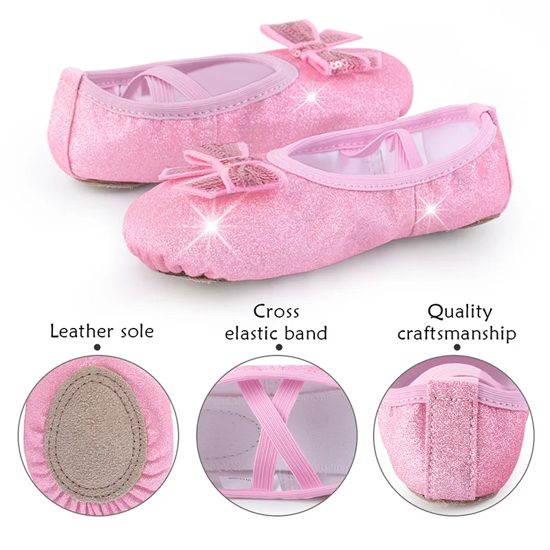 여자 반짝 이는 가죽 발레 신발 여자 유아 발레 댄스 연습을위한 분할 단독 노 타이 댄스 슬리퍼