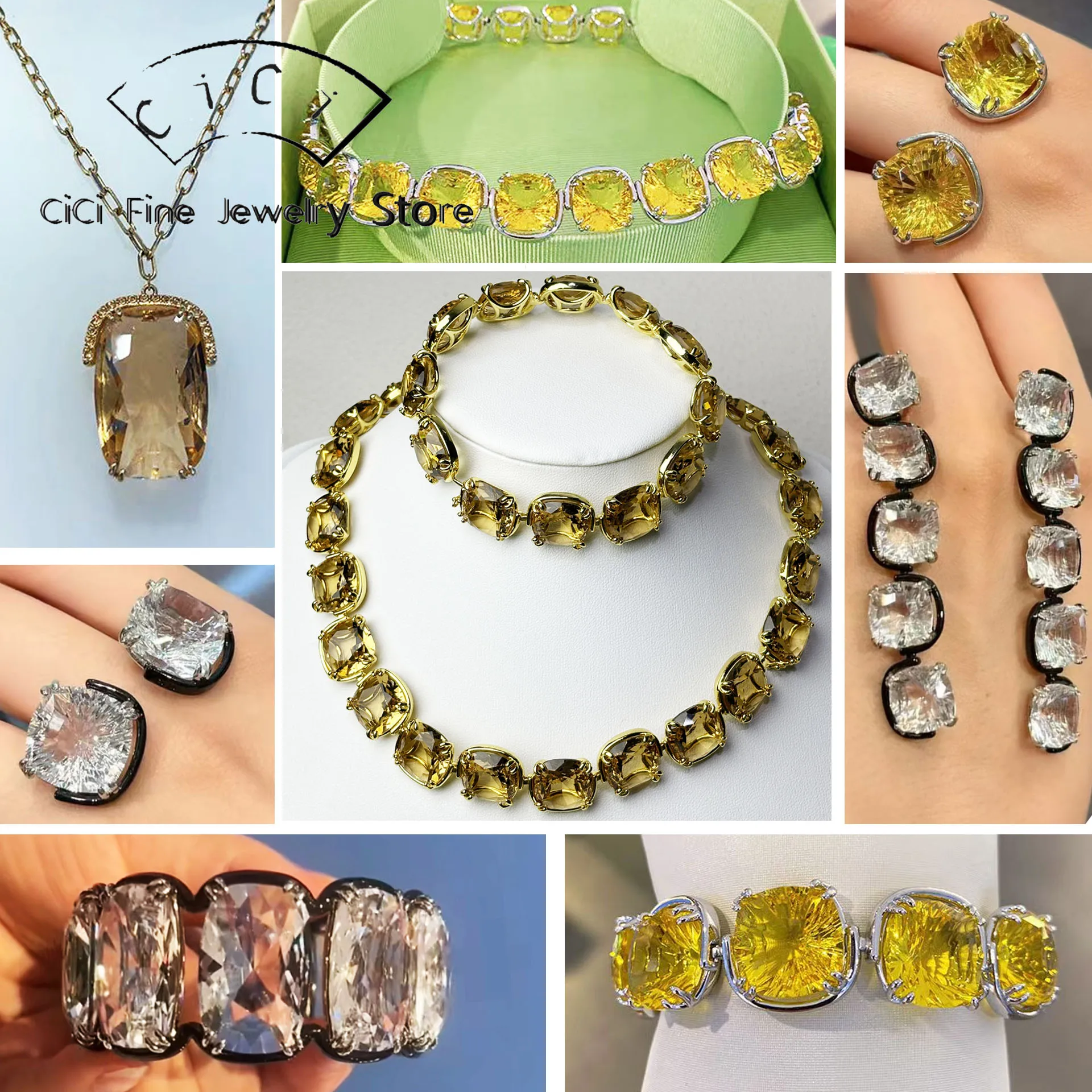 

2025 Новый тренд, геометрическая огранка, квадратный кристалл, блестящий комплект ювелирных украшений для женщин, серьги, браслет, ожерелье, кольцо, аксессуары для вечеринок