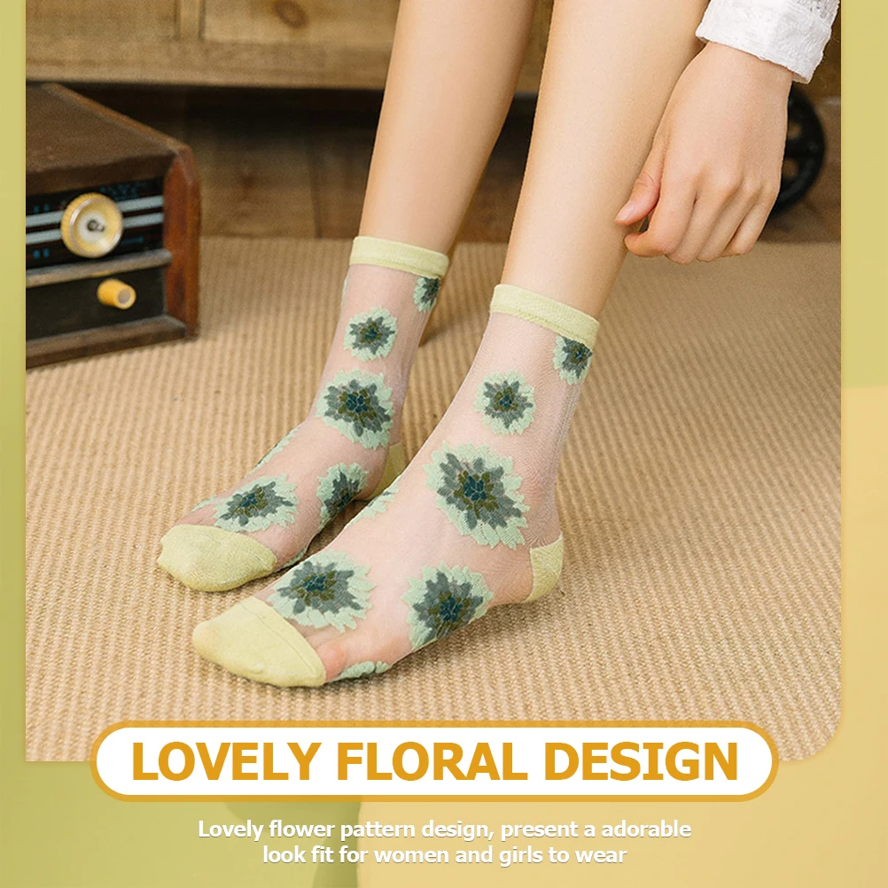 

5 пар сетчатых носков, женские прозрачные кружевные летние модные длинные чулки до щиколотки с цветочным принтом, женские чулочно-носочные изделия, дышащие